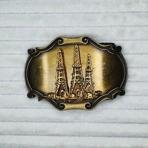 Vintage 1980 Raintree Oil Derrick Belt Buckle Brass & Gold Tone Western Rougheck